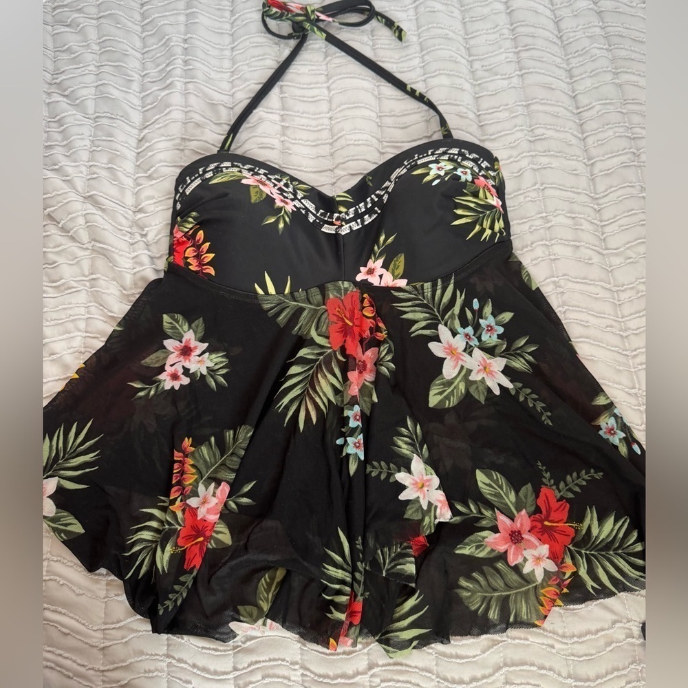 Kona Sol Black Floral Mesh Strapless Tankini Swim Top size Small